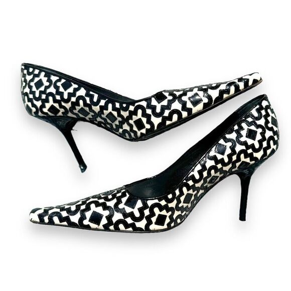 Rene Caovilla Black White Pattern Patent Leather Pointed Toe Heels Women’s Sz 38 - Picture 5 of 8
